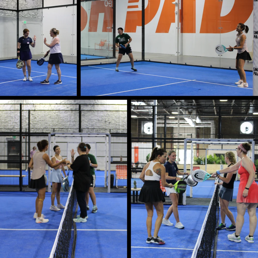 Collage of players sharing matches and greeting each other at the first Women Play Padel event.