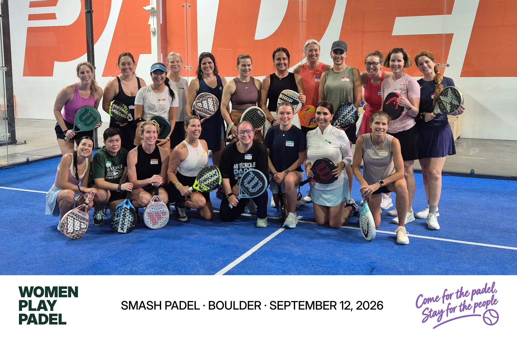 Group photo of the players at the first Women Play Padel event at Smash Padel, Boulder, on September 12, 2026.